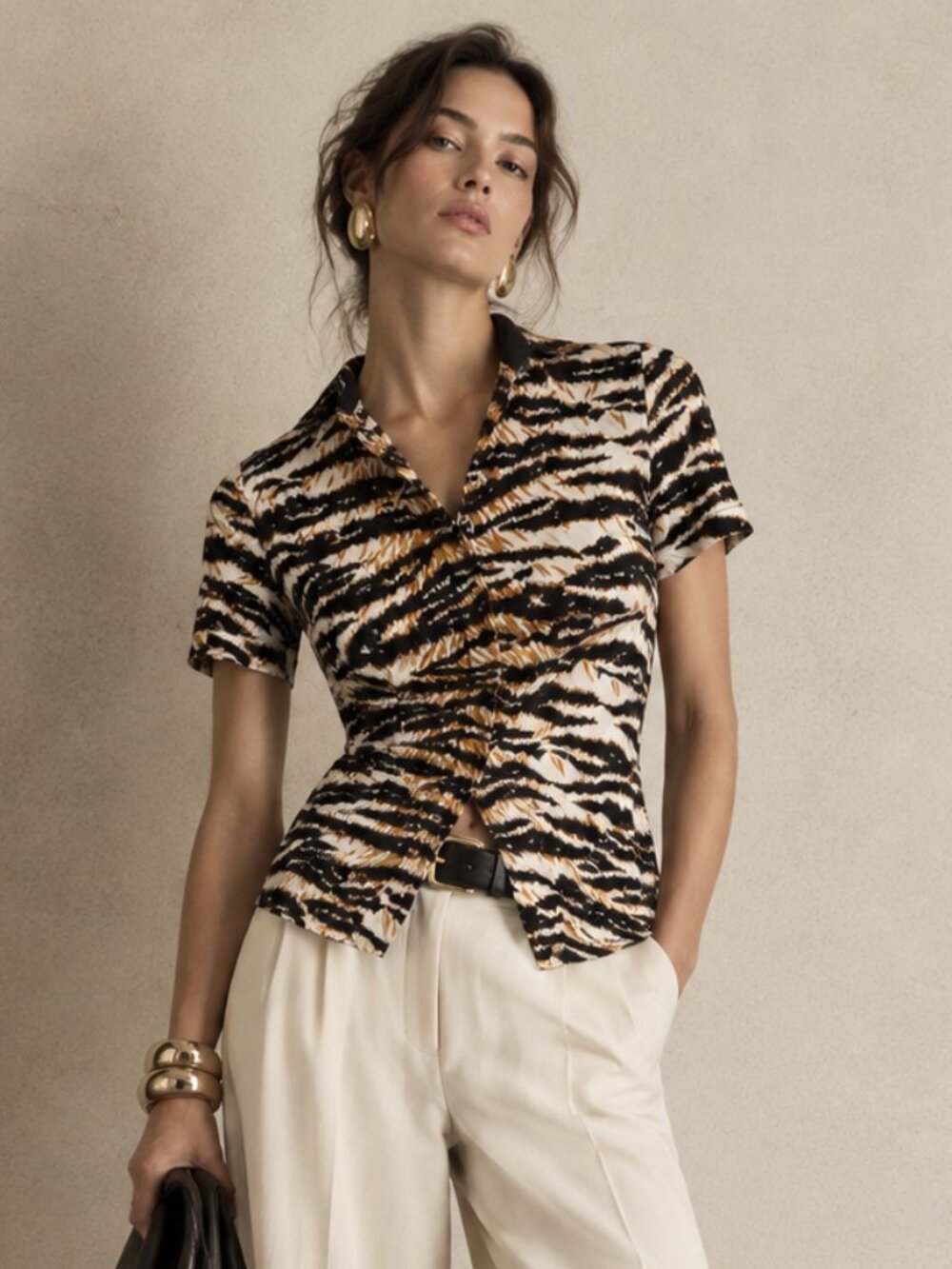 D&G Tiger-Print Short Sleeve Polo in Black, Cream & Burnt Orange